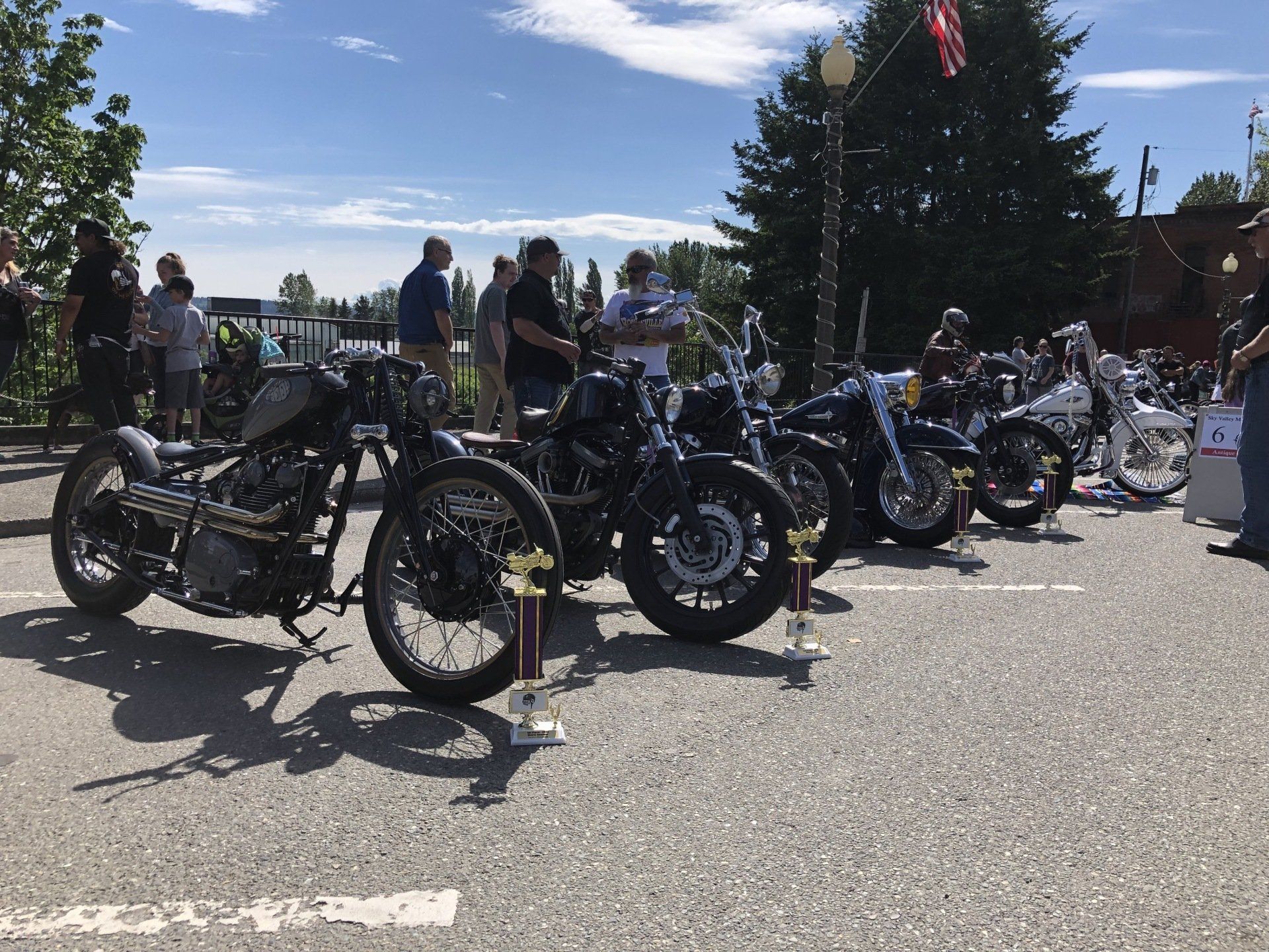A row of motorcycles are parked on the side of the road.