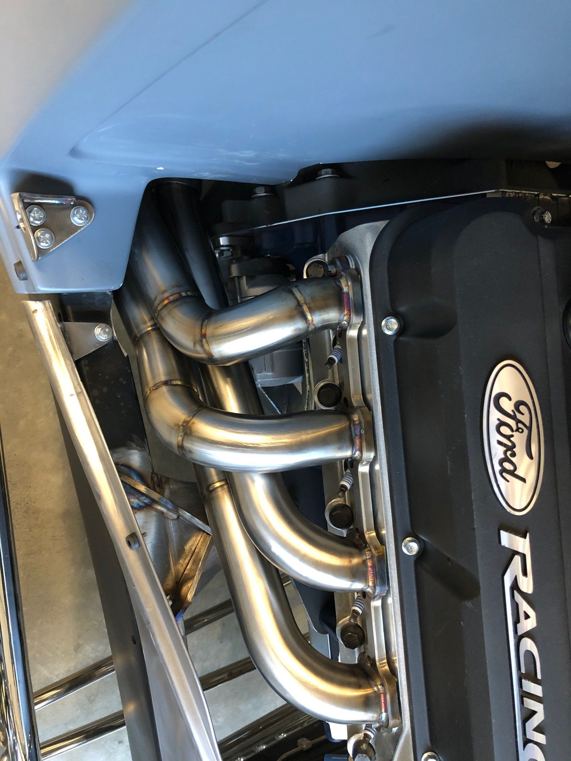 A close up of a ford racing engine
