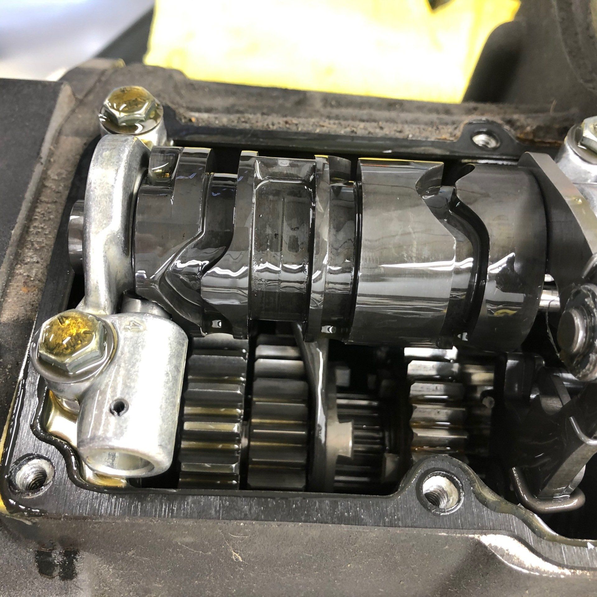 A close up of a gearbox on a motorcycle