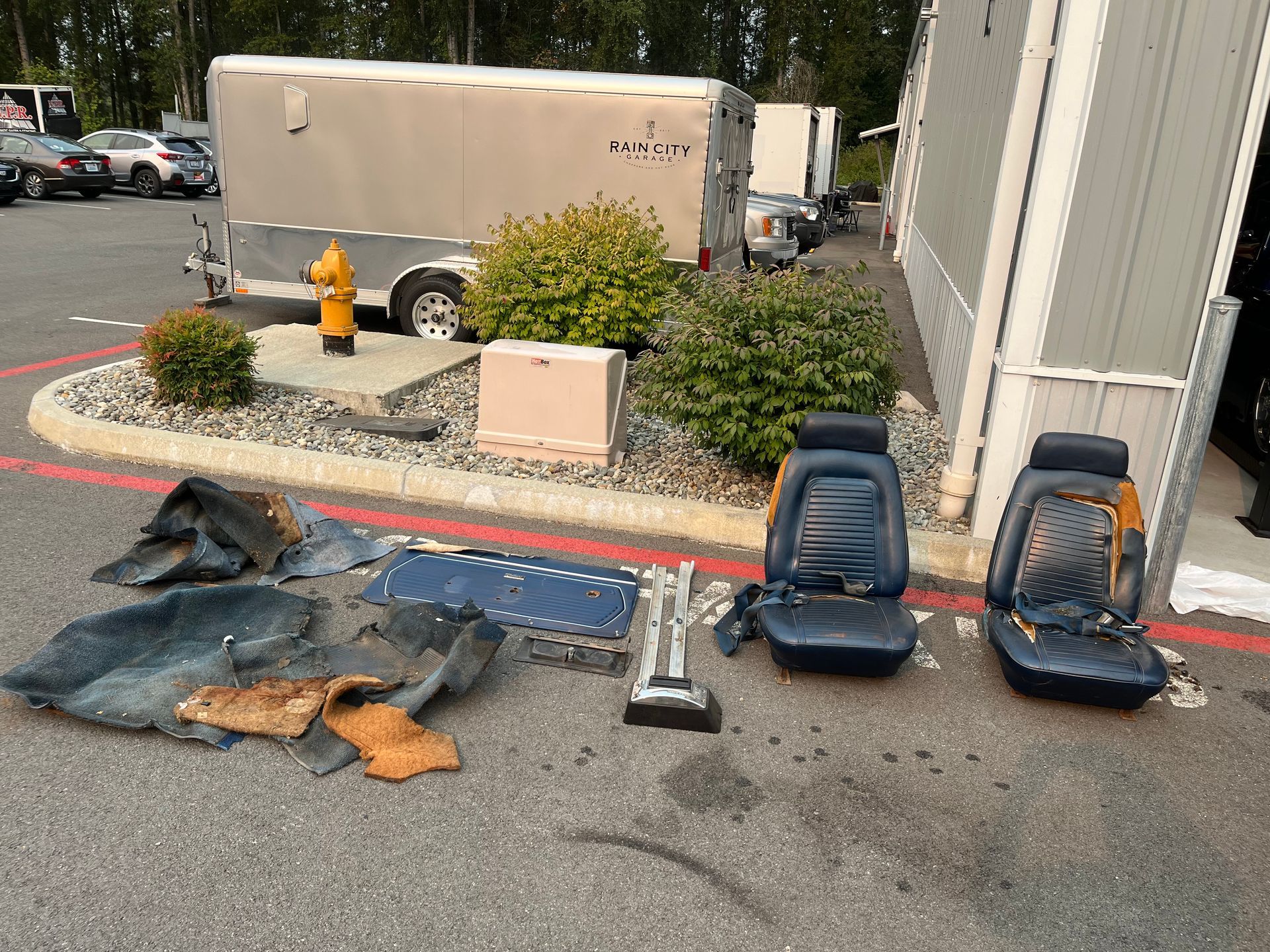 A fire hydrant is on the side of the road in a parking lot
