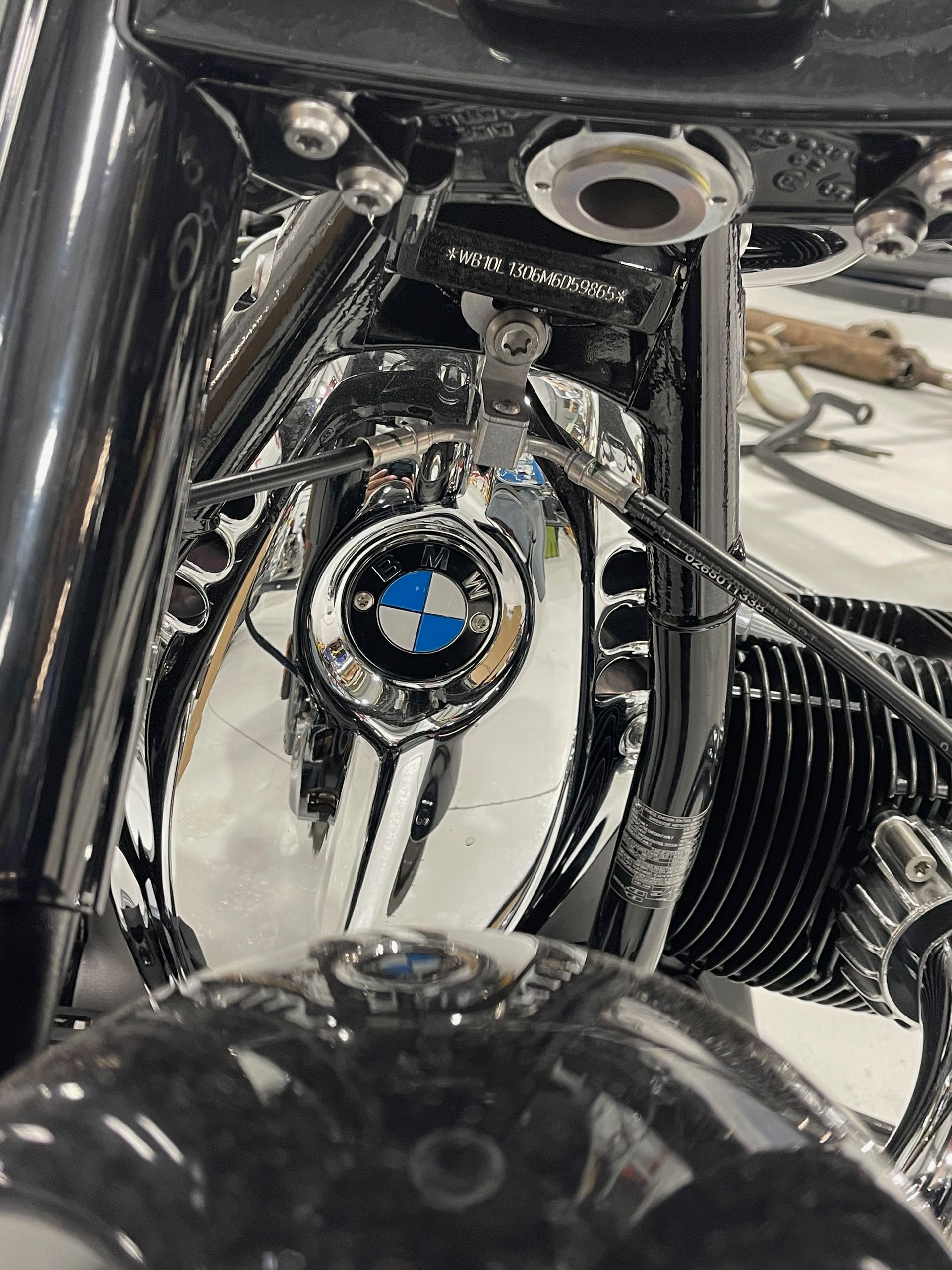 A close up of a bmw logo on a motorcycle