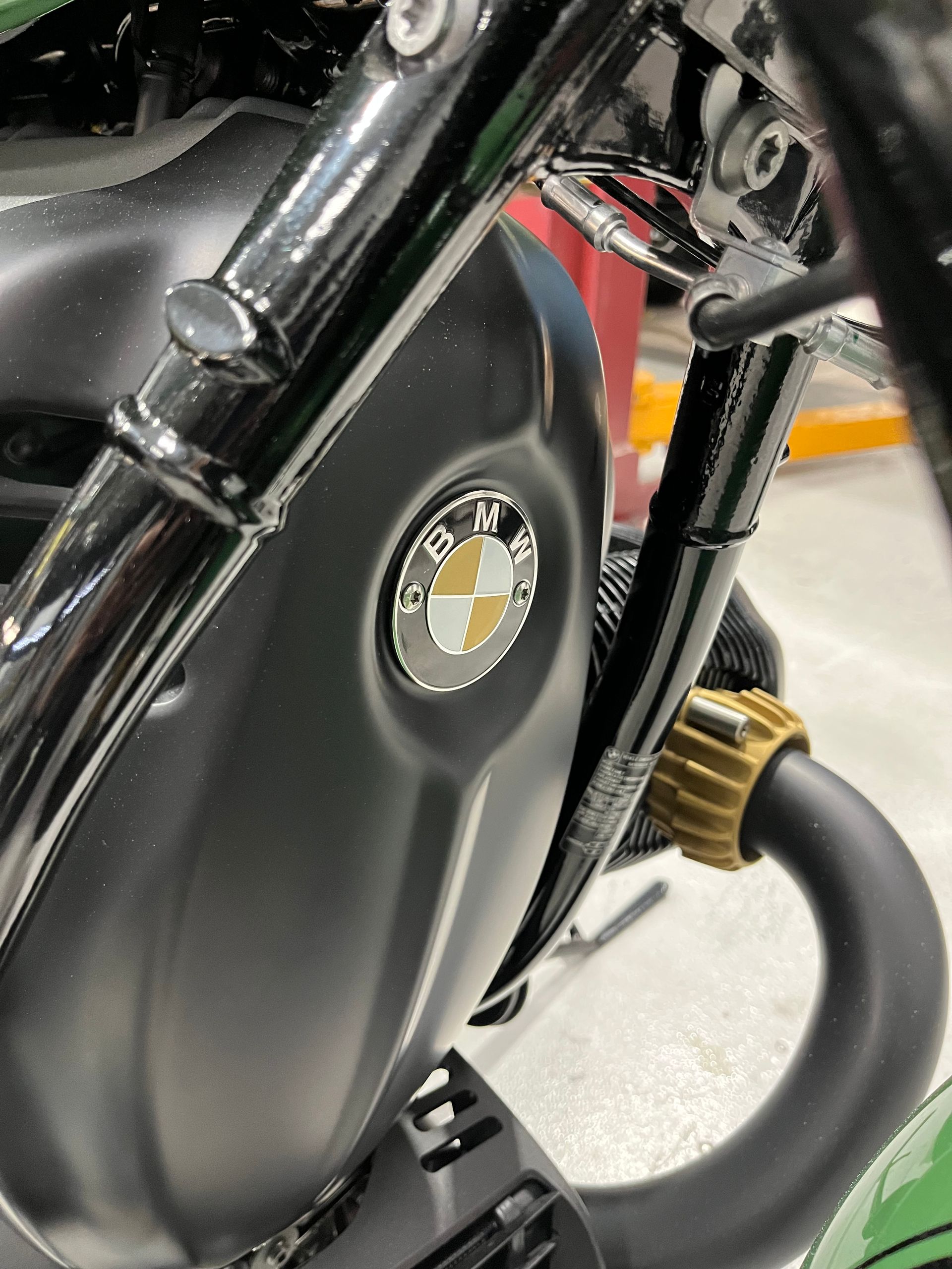 A close up of a motorcycle with a bmw logo on it