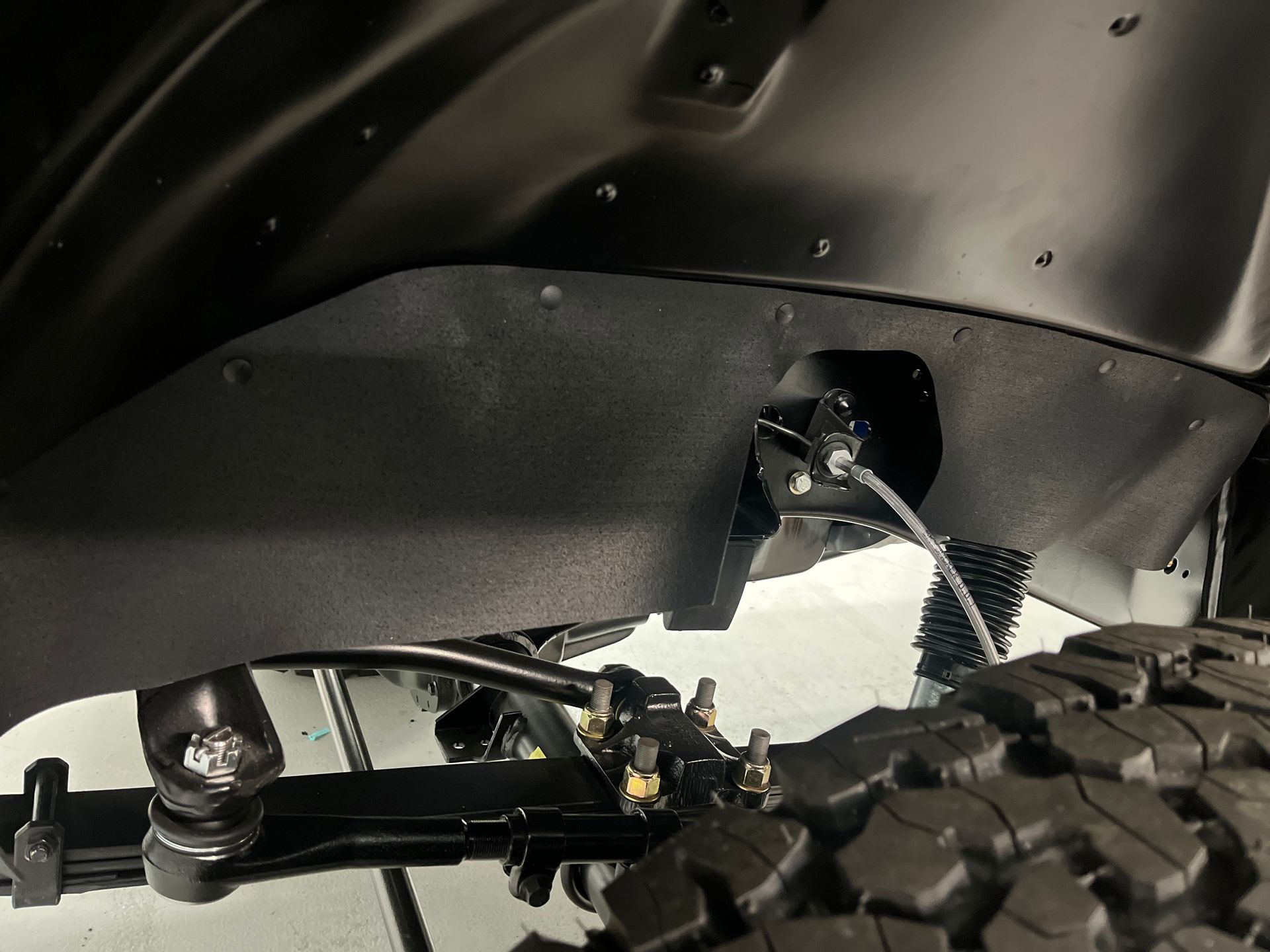 A close up of the underside of a vehicle 's fender