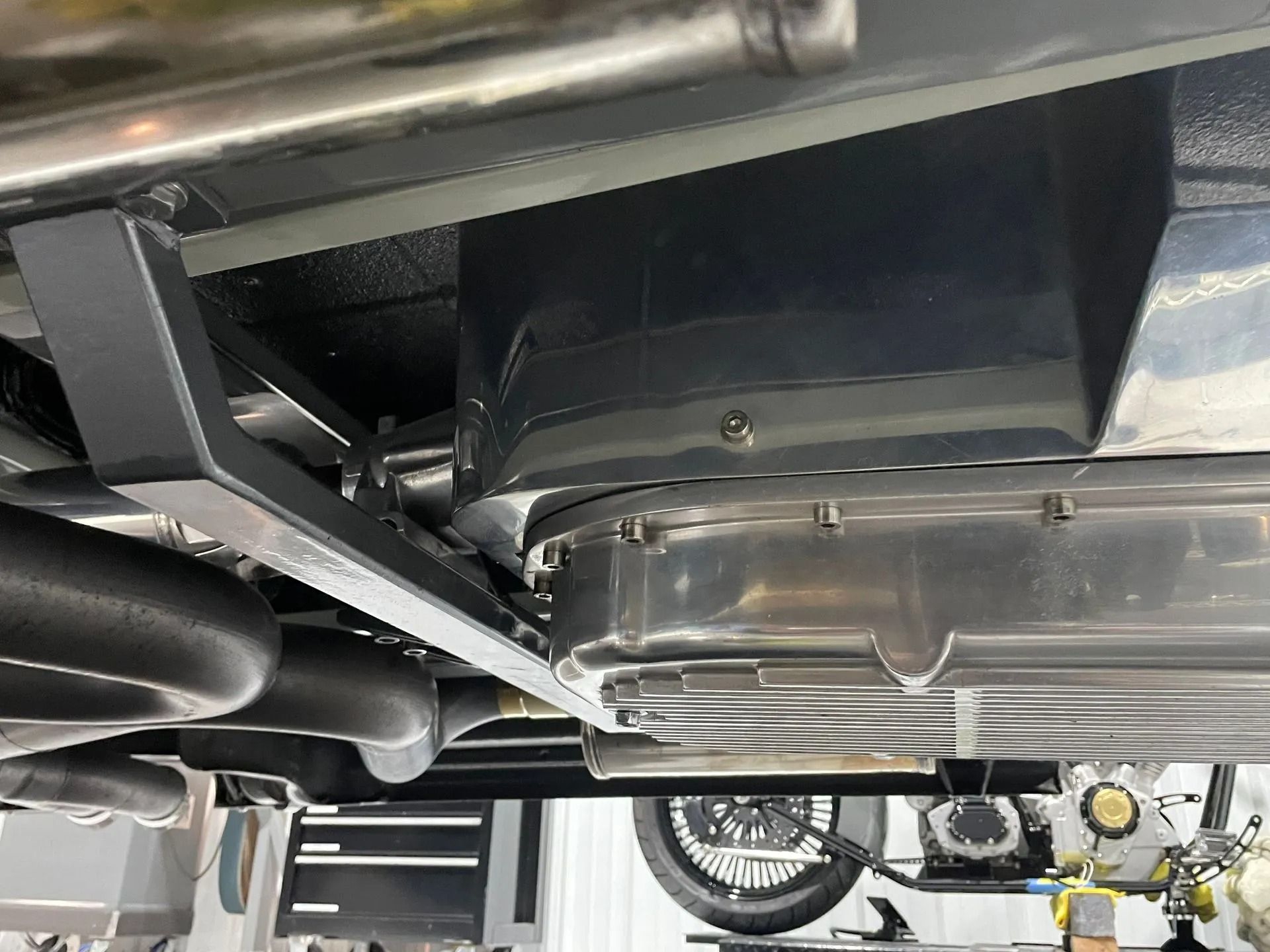 A close up of the underside of a car.