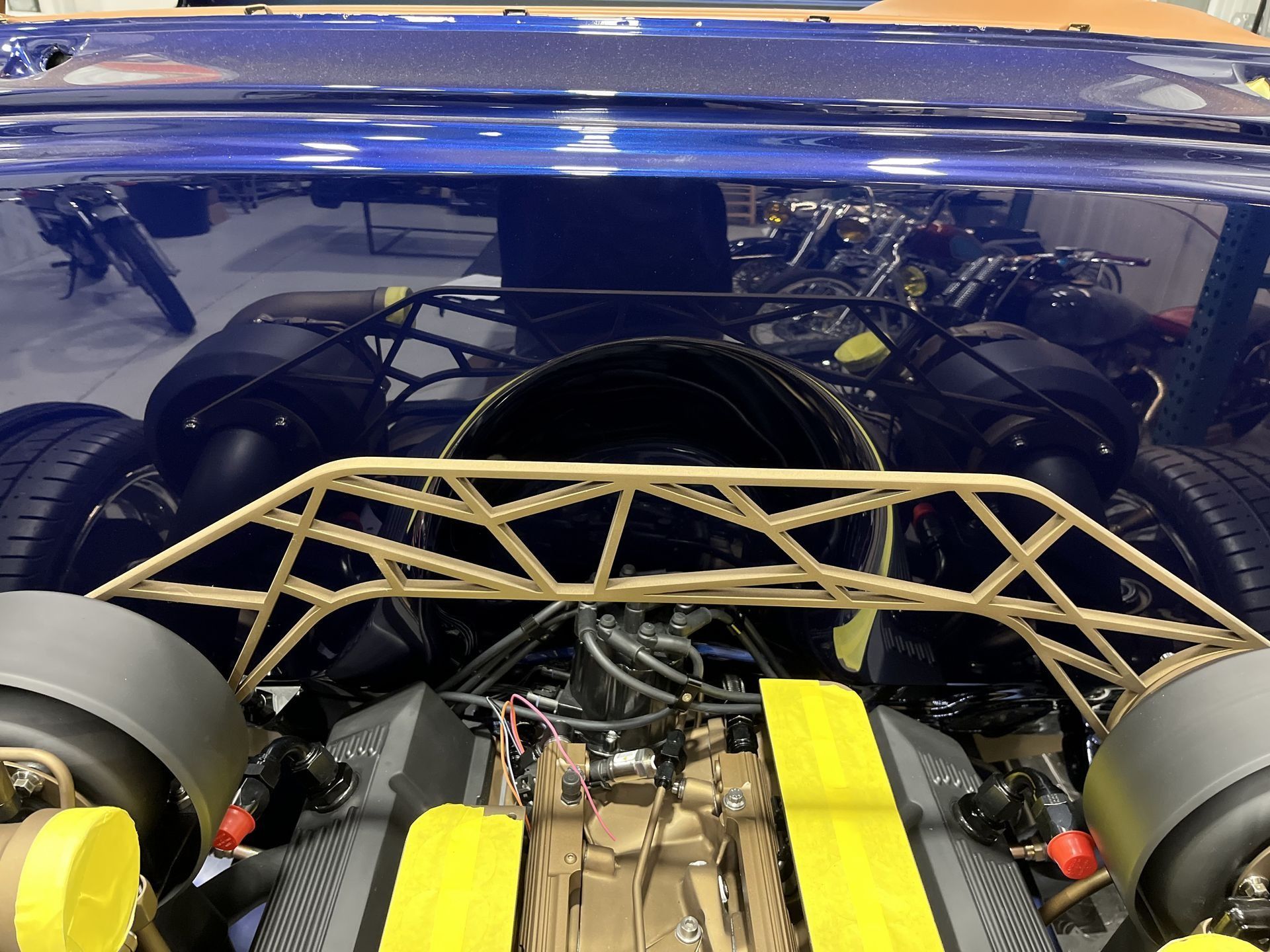 A close up of the engine of a car