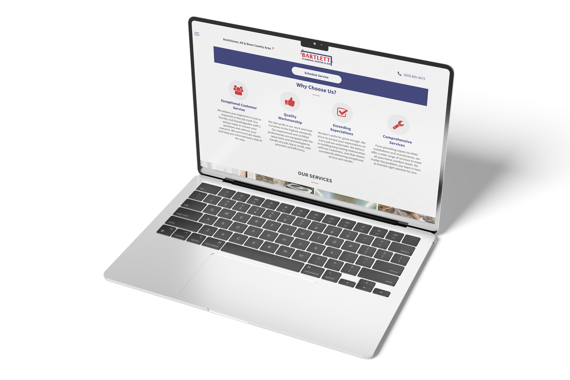 Laptop displaying a website with a blue and red header, white background, and four content blocks.