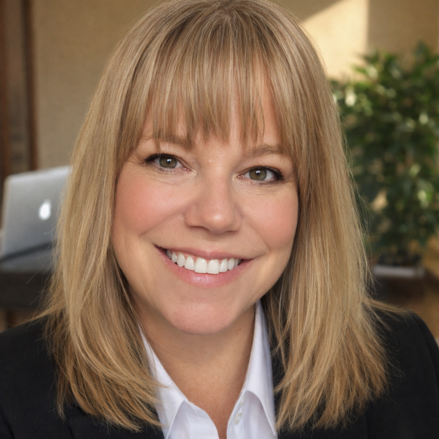 Woman with blonde hair and bangs, smiling, wearing a white shirt and black blazer.