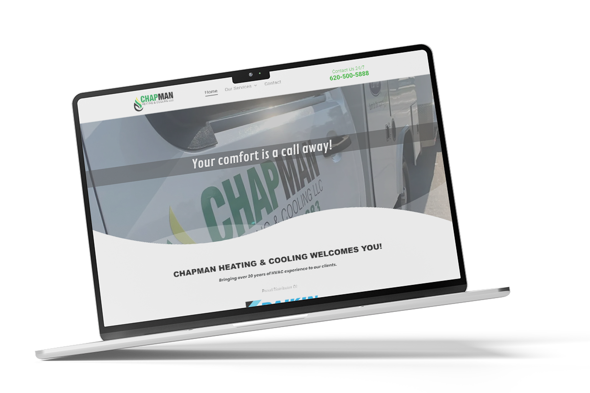 Laptop displaying Chapman Heating & Cooling website homepage.