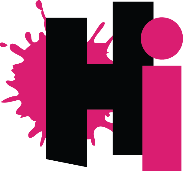 A black and pink logo with the letter h and i