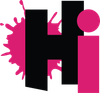 A black and pink logo with the letter h and i