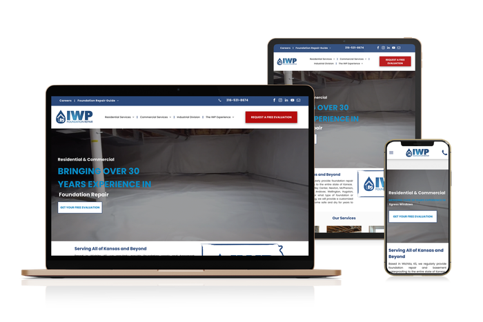 Website design displayed on a laptop, tablet, and phone; IWP logo and a basement interior.