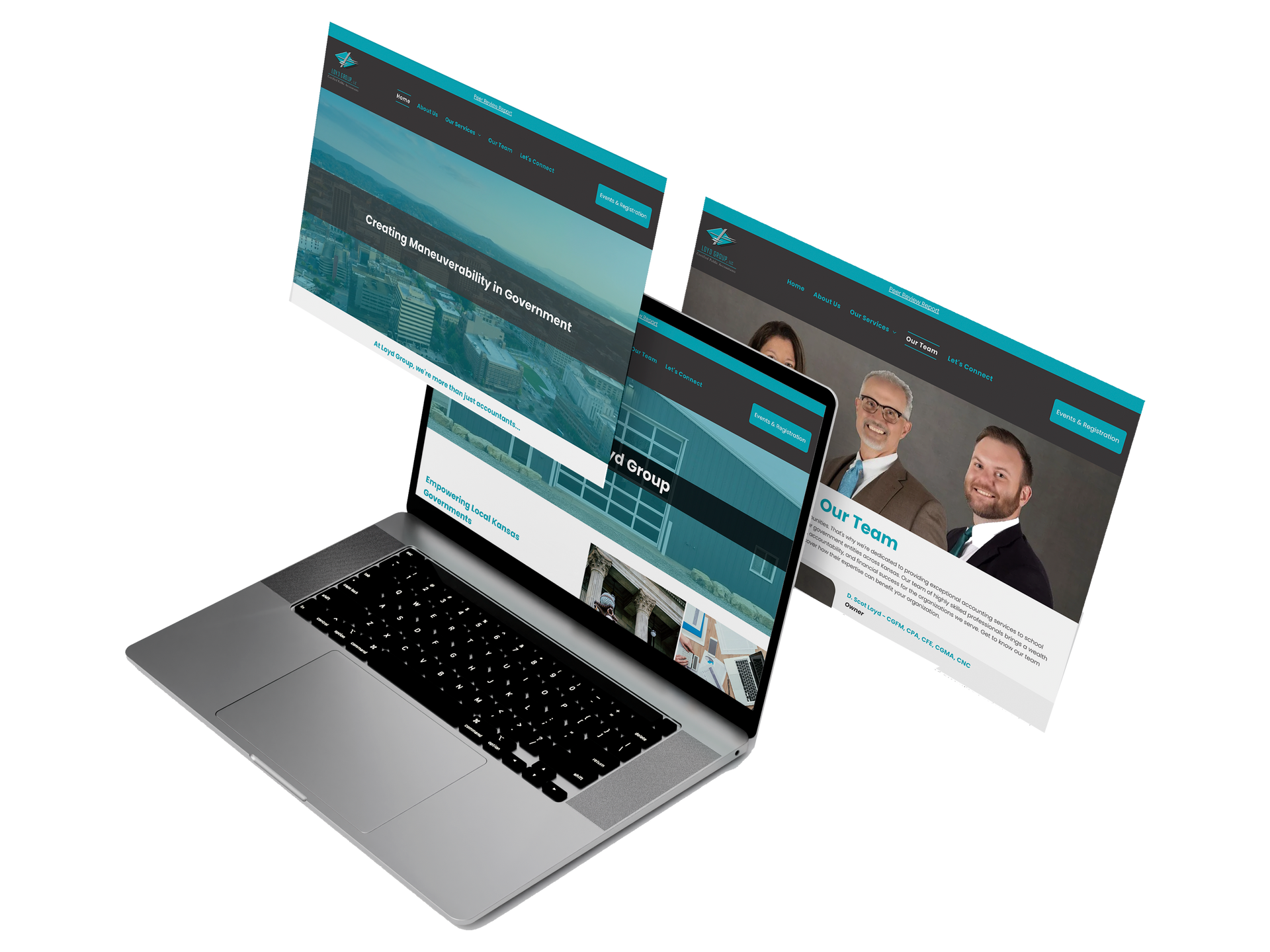 Laptop displaying website with turquoise accents and photos.