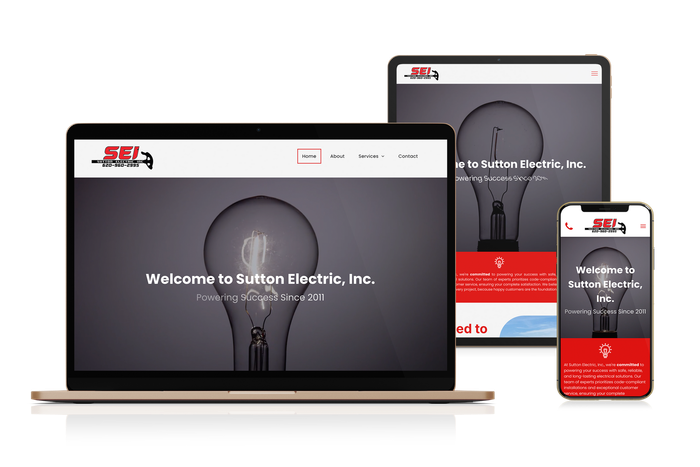 Website display on laptop, tablet, and phone; SEI logo and text against a light bulb graphic.