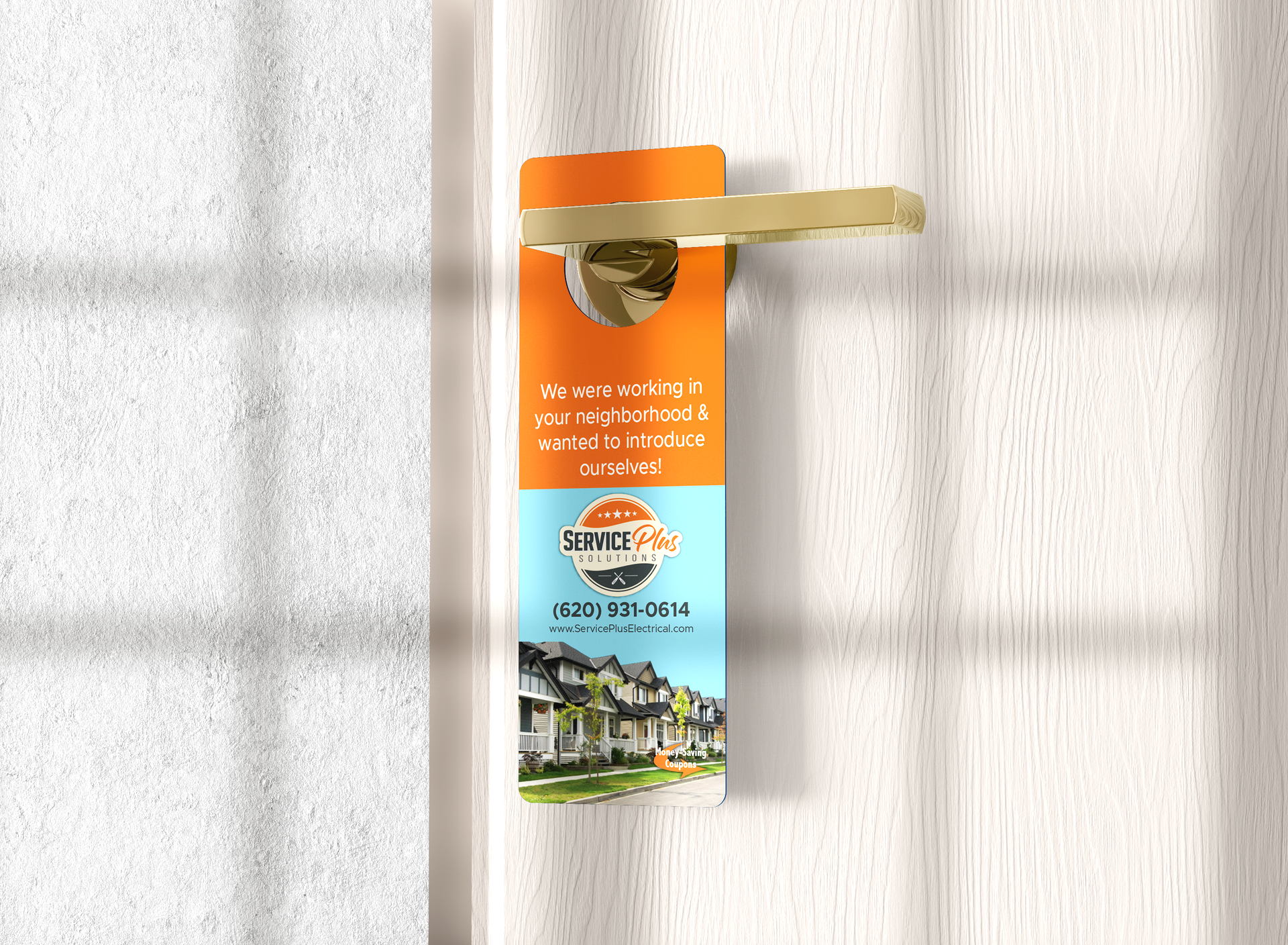 Door hanger with orange, blue, and white graphics, featuring a house image, hanging on a white door.