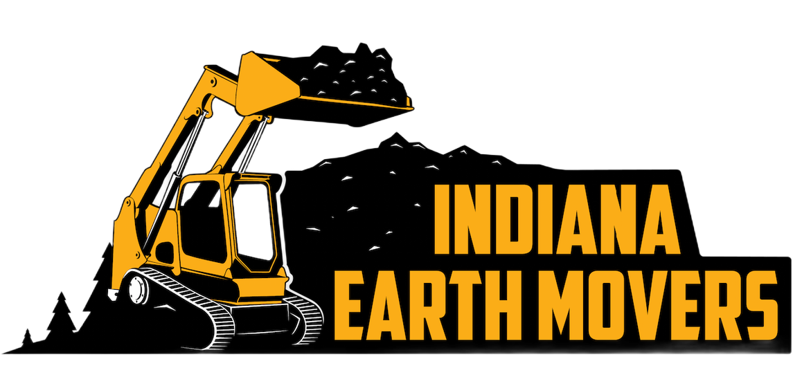 Yellow excavator scooping dirt; Indiana Earth Movers logo.