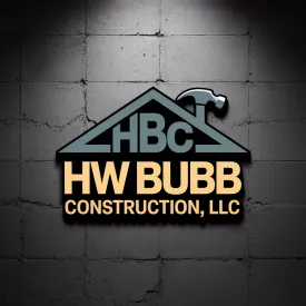 Logo for HW Bubb Construction: black roof, hammer, HBC initials, yellow text "HW Bubb Construction, LLC" on concrete backdrop.