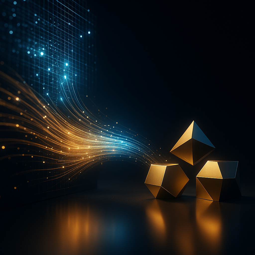 Golden geometric shapes with flowing light trails against a dark background, suggesting data flow.