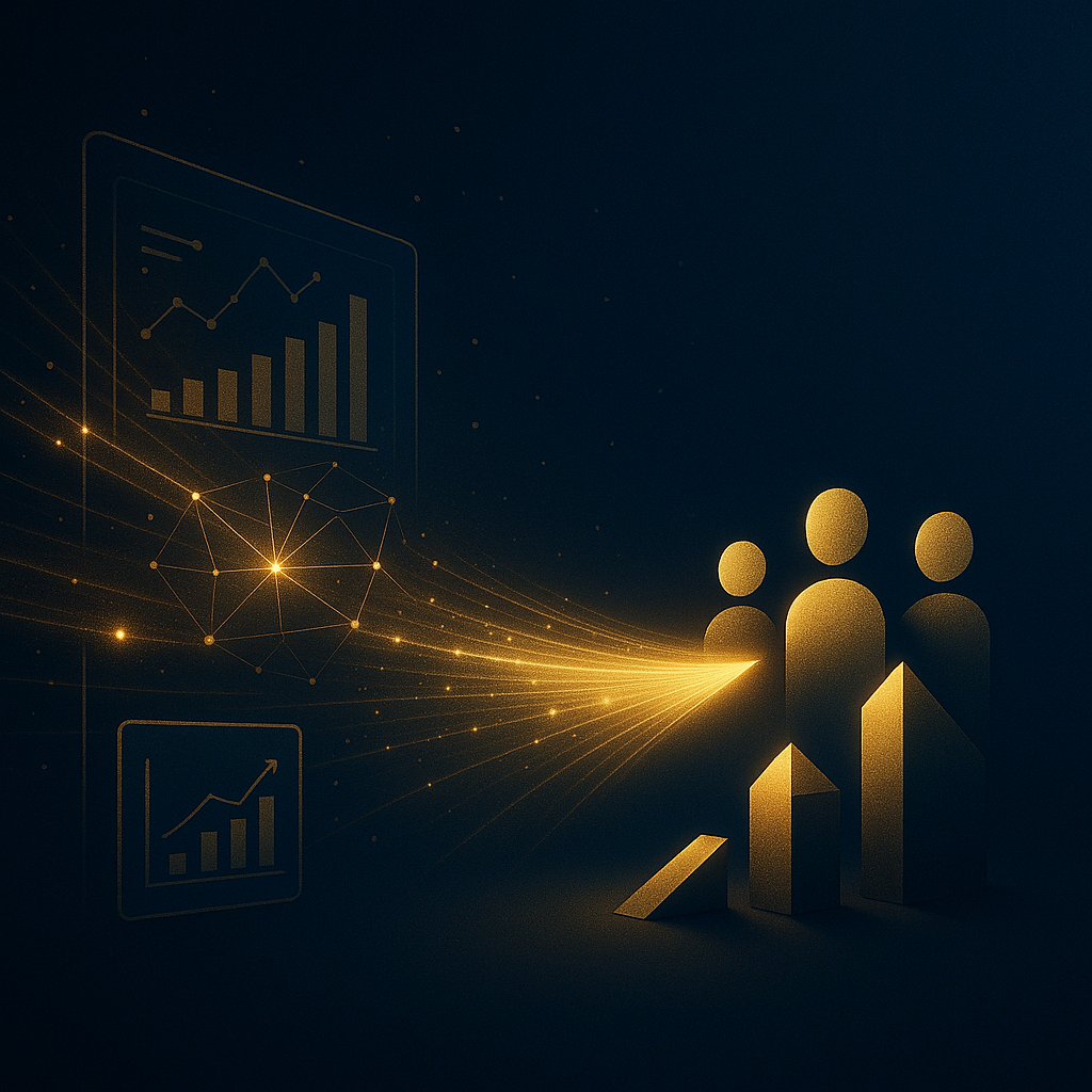 Glowing data visualization and people icons with connection lines, on dark background.