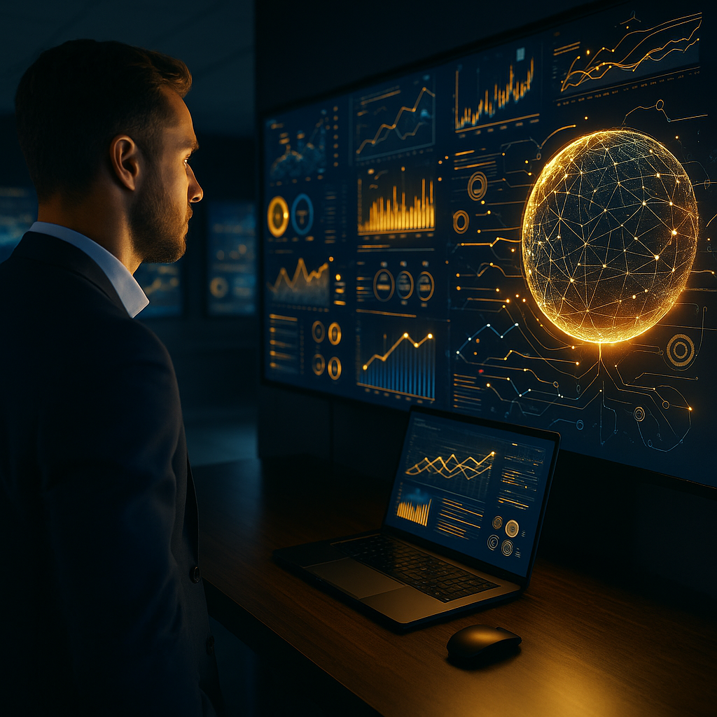 Man analyzing data on computer and large display screens, in a dark office setting.