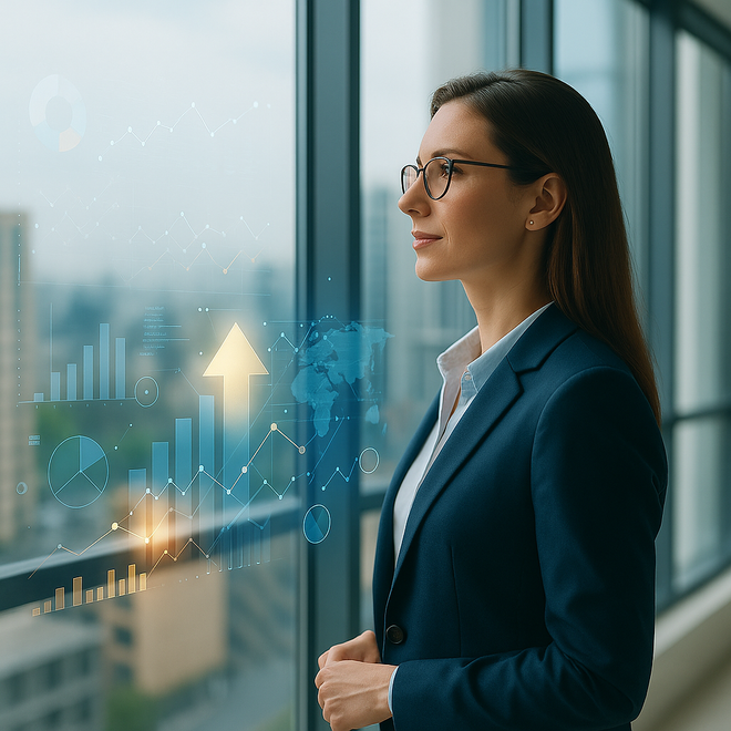 Businesswoman in a blazer looking out a window at a city, with overlaid charts and an upward arrow.