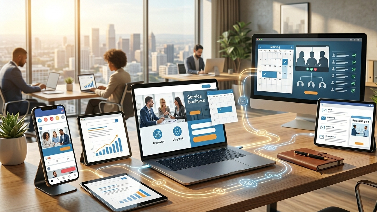 Digital marketing office with a skyline background
