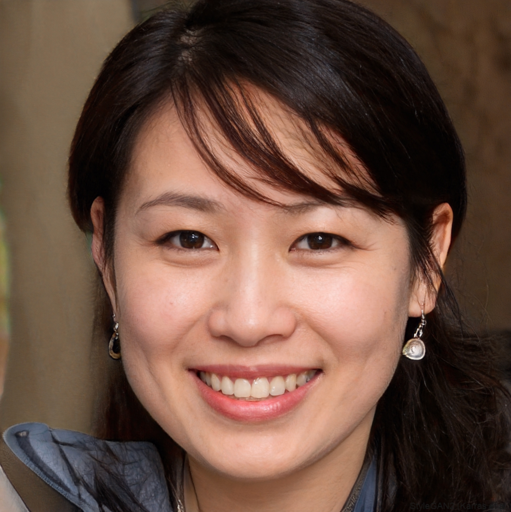 Woman with dark hair smiling, wearing small earrings, against a blurred background.