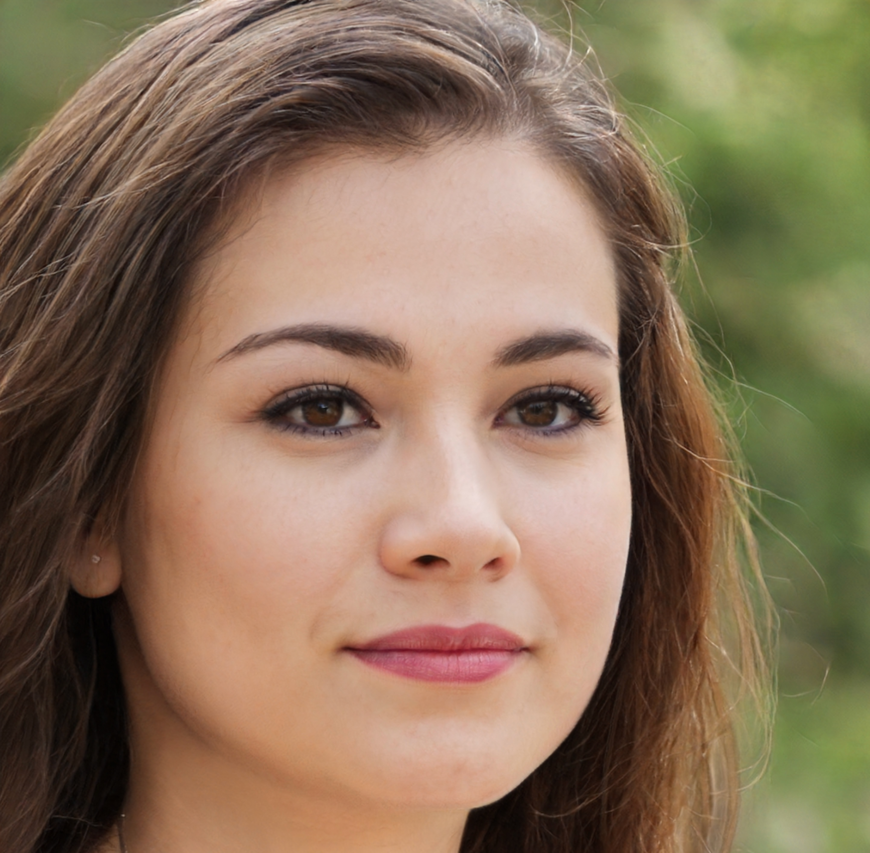 Woman with brown hair, smiling, looking at the viewer. Blurred green background.