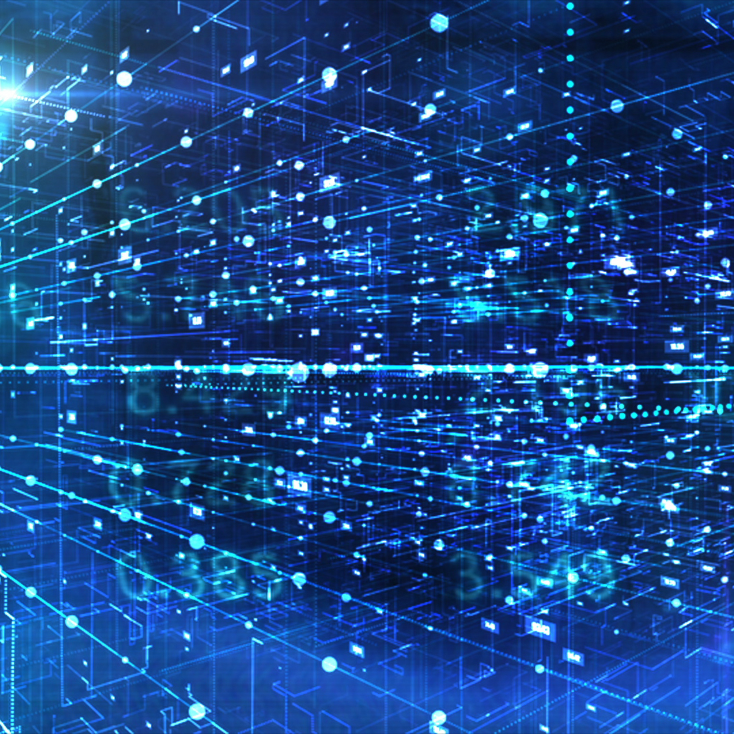 Blue digital network, with glowing lines and data points, representing data flow.
