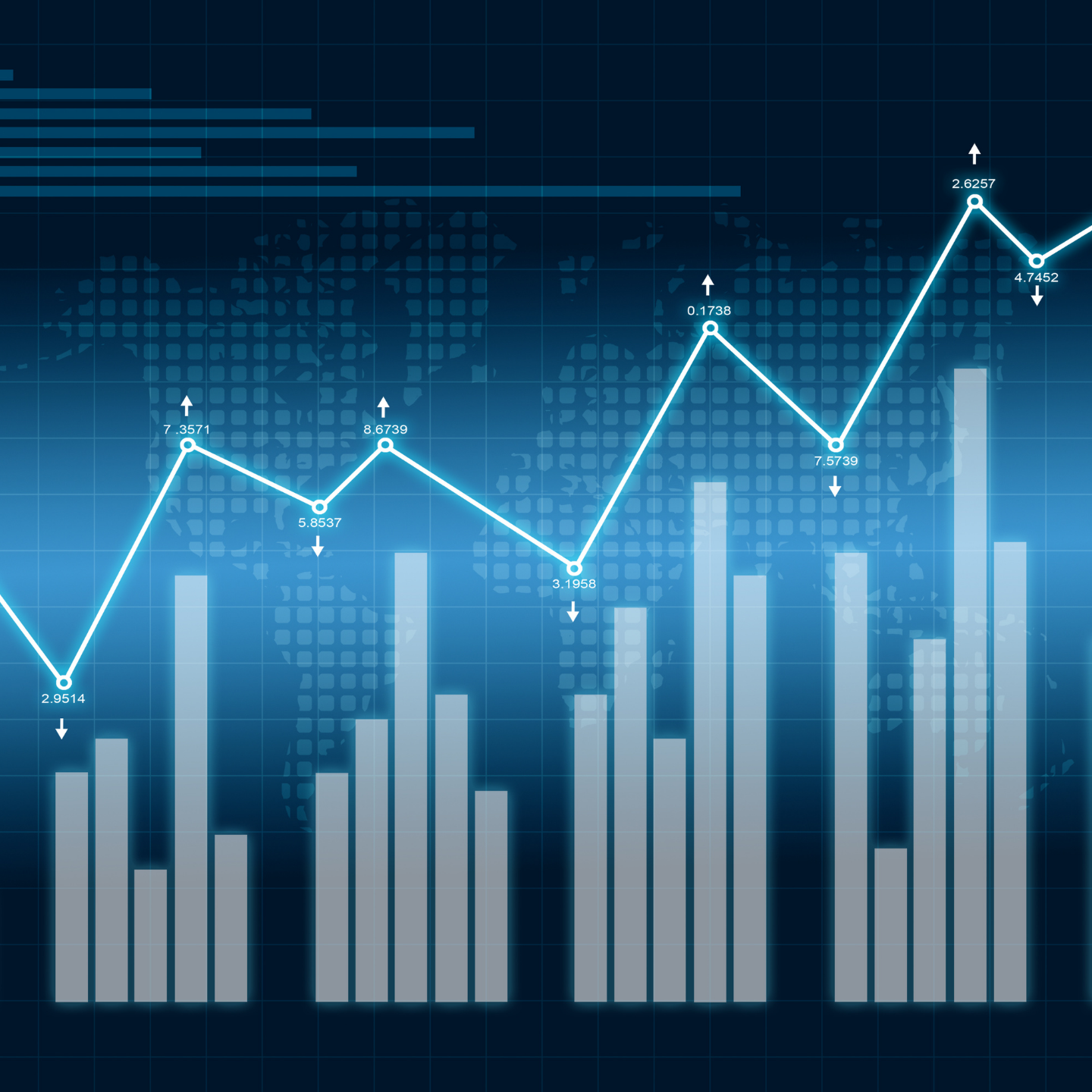 Blue graph of financial data, white bar charts and line graph, with numerical data overlayed.