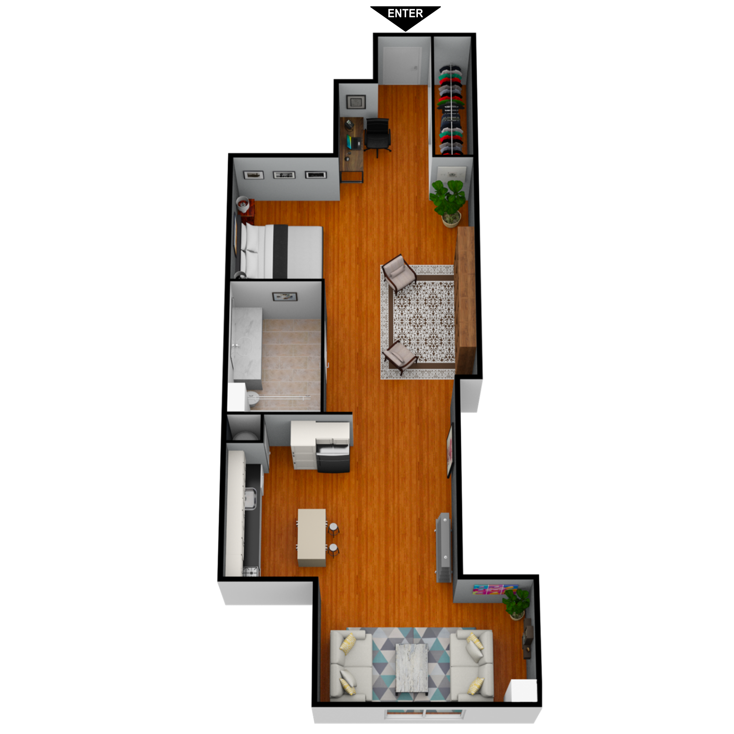 A 3d floor plan of a small apartment with hardwood floors