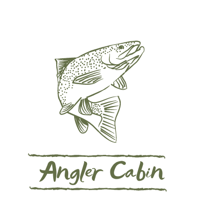 Stylized green fish logo above the words “Angler Cabin”