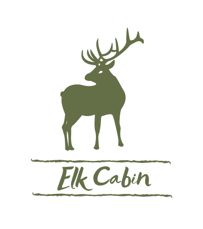 Olive-green elk silhouette above the words “Elk Cabin” on a white background