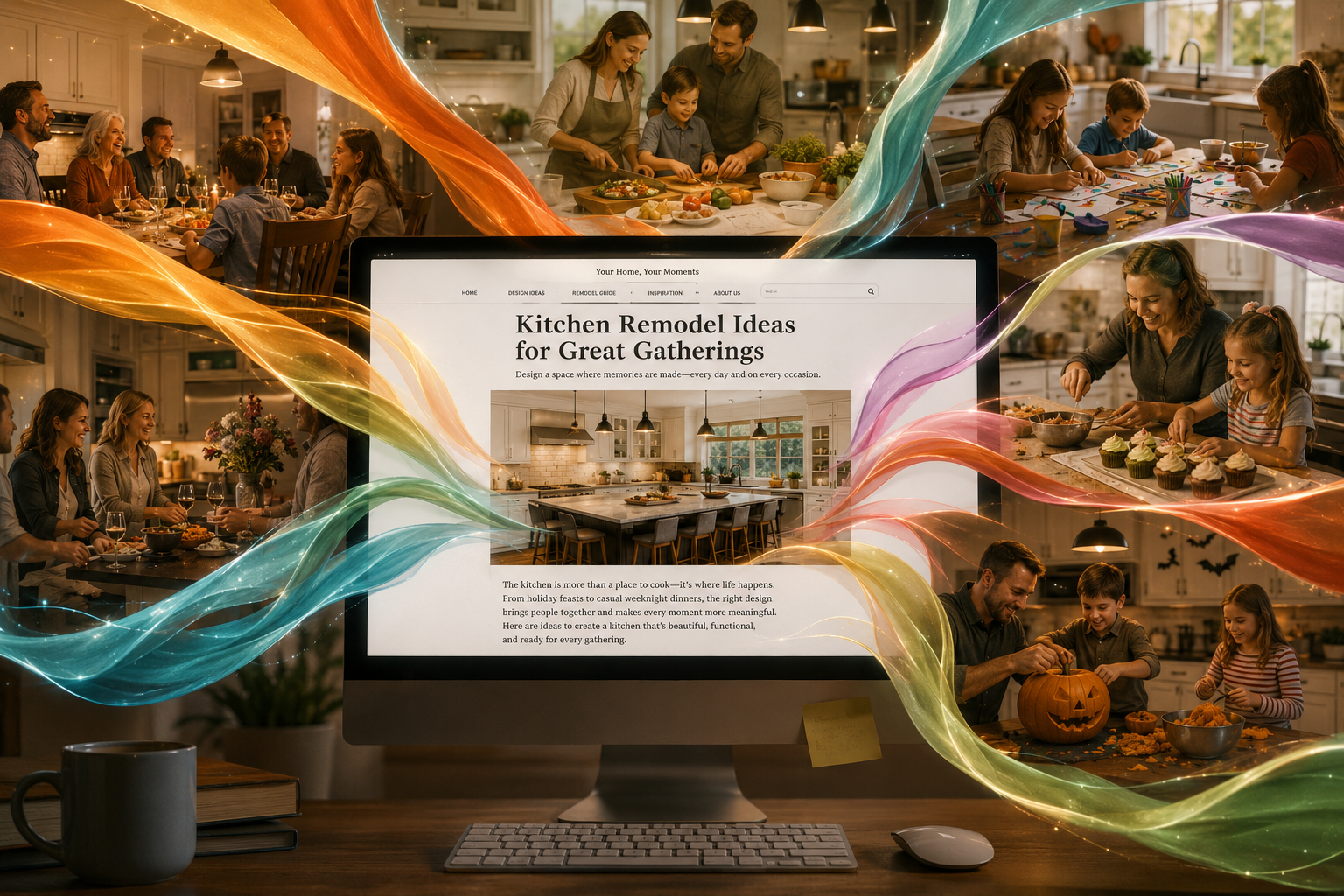 Colorful dinner-table website mockup on a computer monitor, surrounded by a lively food gathering scene