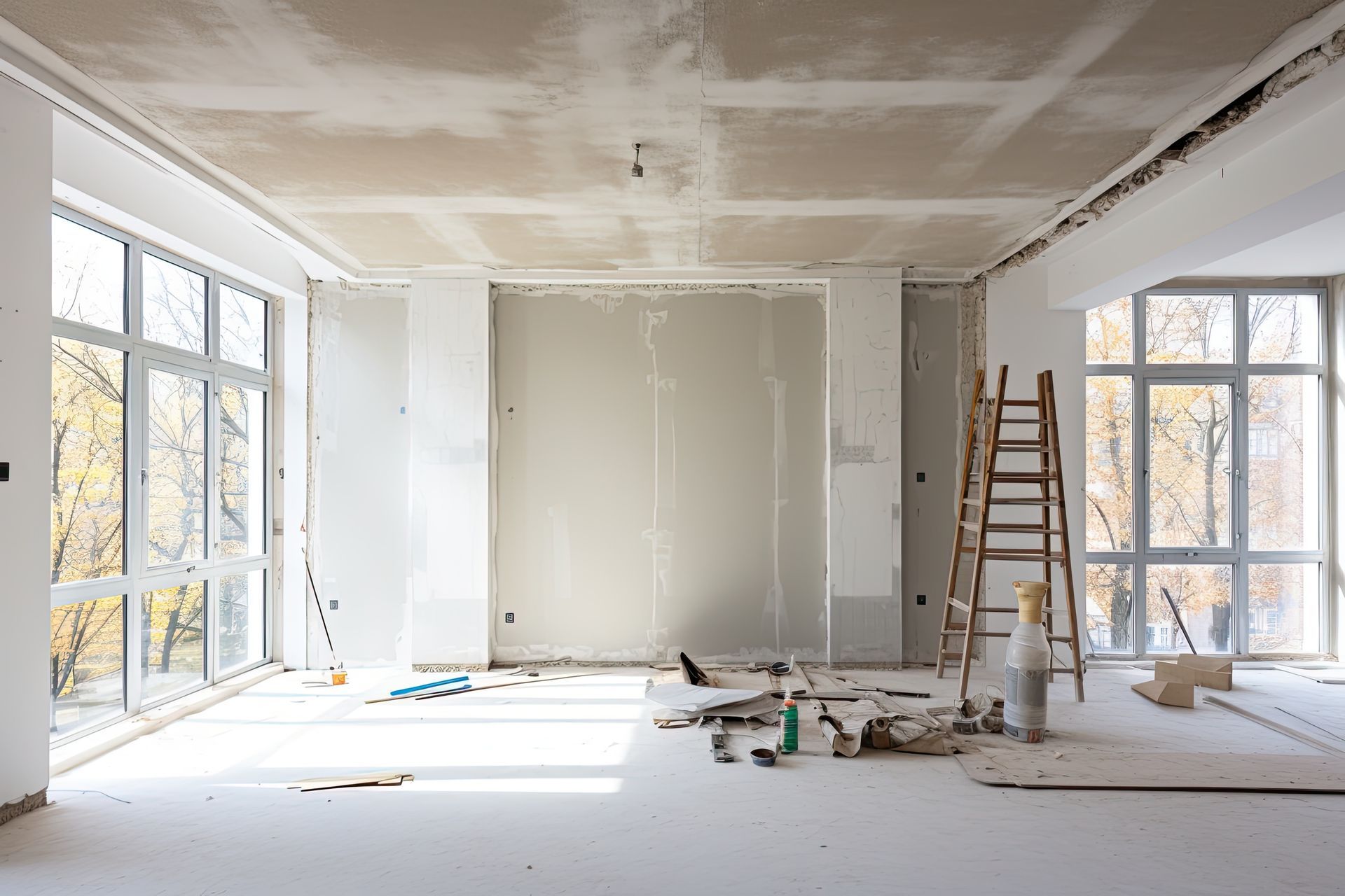 A bright, empty room under construction with white walls, a partially finished ceiling, large windows, and a wooden ladder.