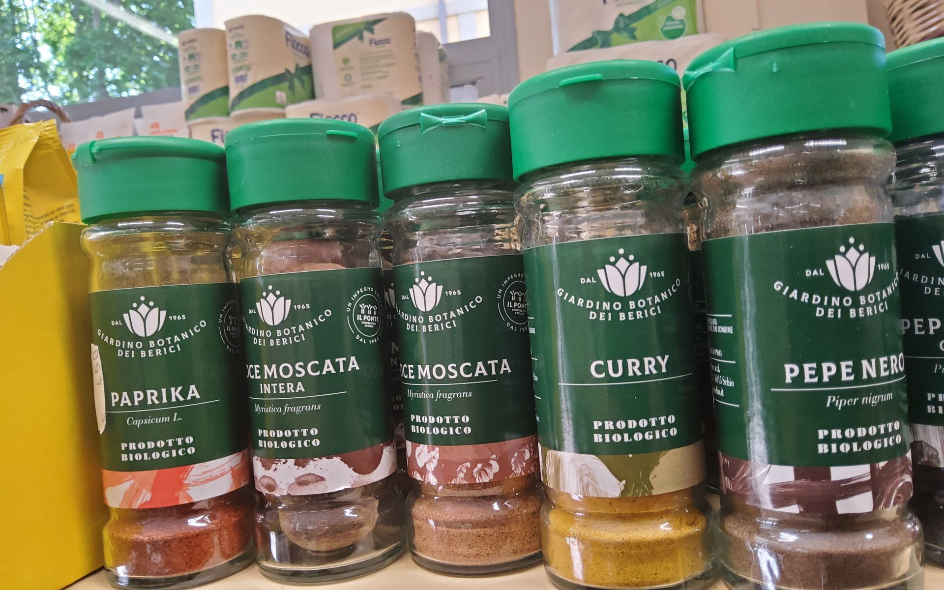 Una fila di barattoli di spezie con coperchi verdi sono allineati su un tavolo.