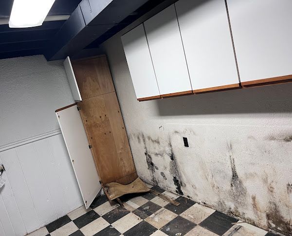 A room with a checkered floor and white cabinets