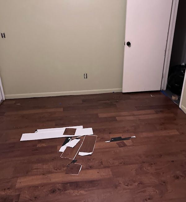 A room with a wooden floor and a white door.