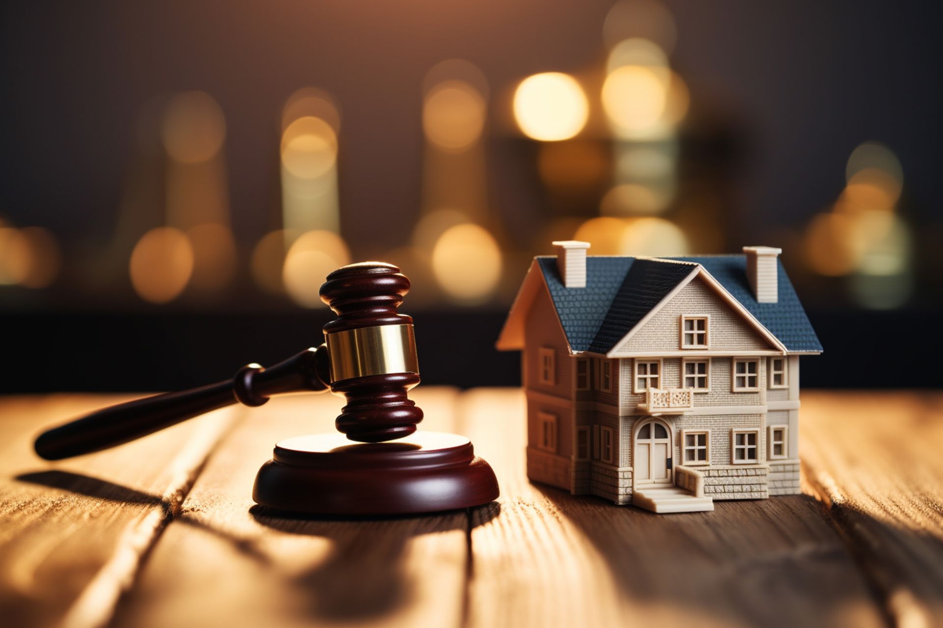 Gavel and miniature house on a wooden table, representing real estate legal proceedings.