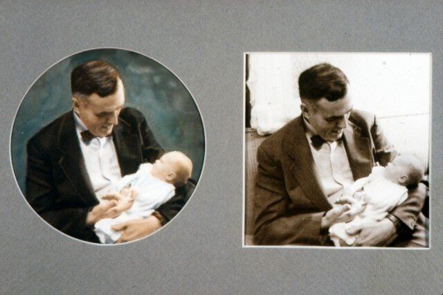 Before and after photo of father with his baby — photo restoration in Tempe, AZ
