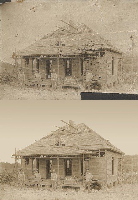 Photo of a nippa hut before and after restoration — photo restoration in Tempe, AZ