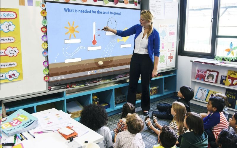 Teacher points at a screen showing seed needs to seated students. Classroom with books, desk.