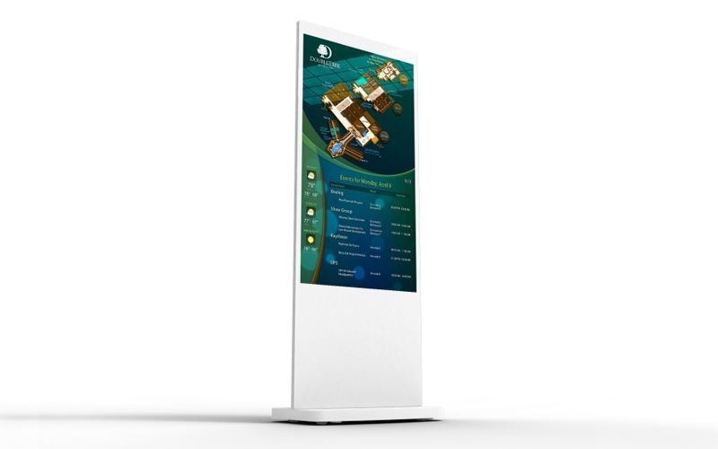 White digital kiosk displaying an interactive map and information.