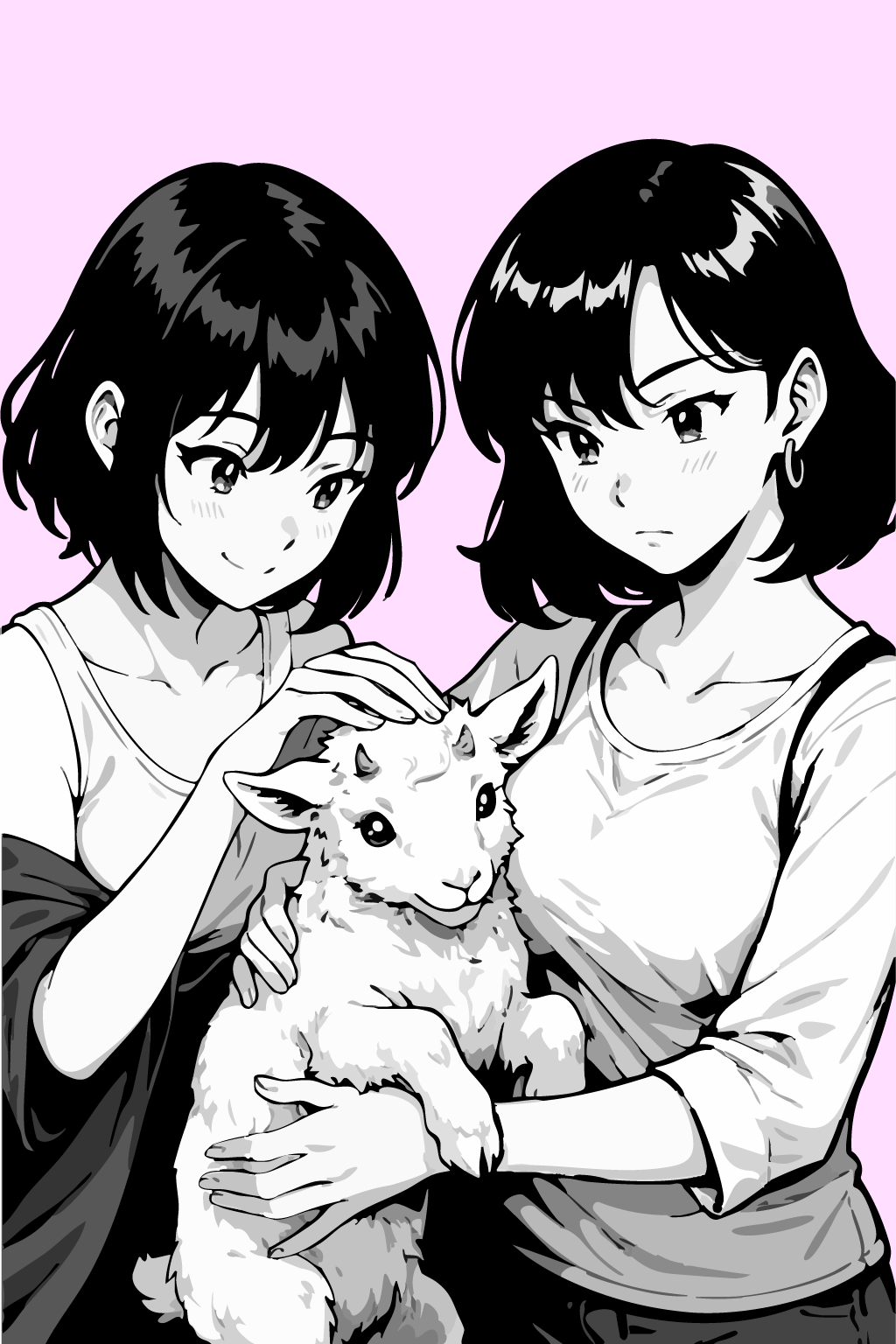 A black and white drawing of a girl holding a book