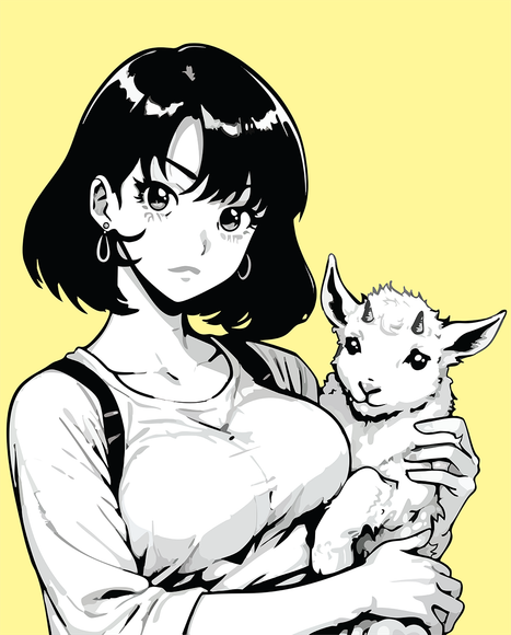 A black and white drawing of a woman holding a goat.