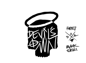 A black and white drawing of a skull with an angel 's halo.