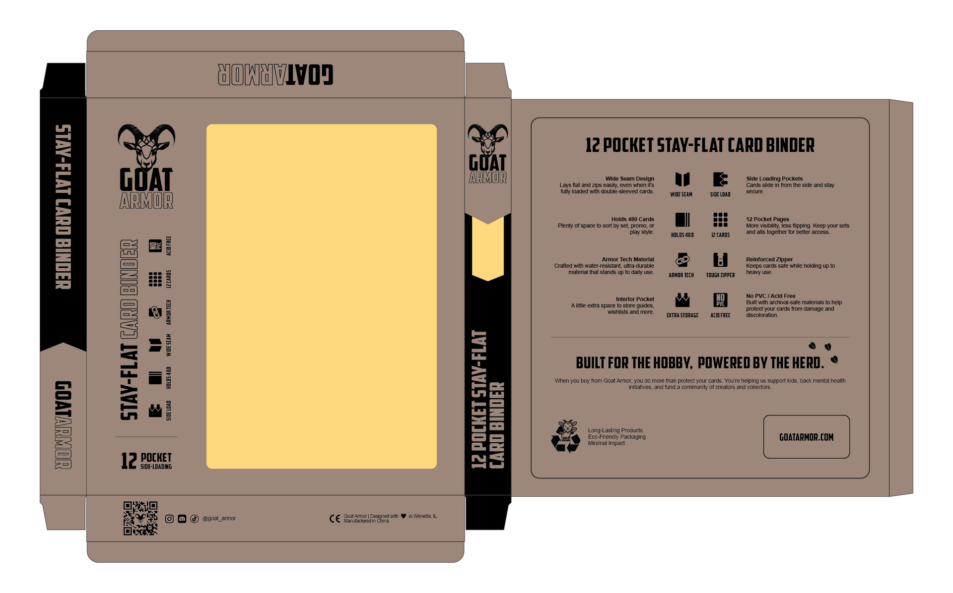 A person is holding a black binder filled with cards and dice.