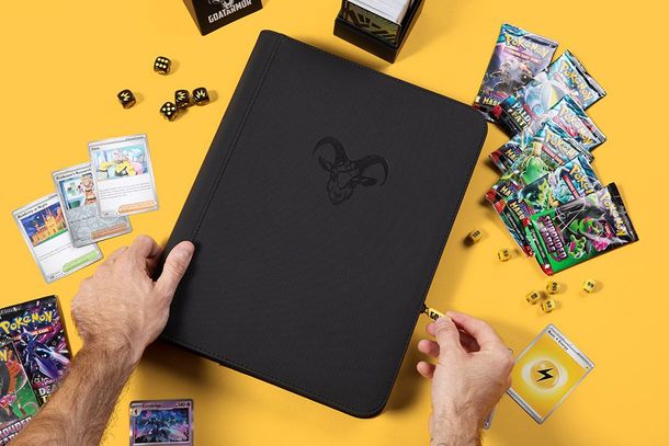 A person is holding a black binder filled with cards and dice.