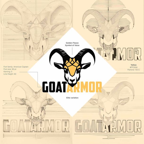 A drawing of a goat with horns and the words goatarmor