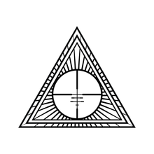 A black and white drawing of a triangle with a cross in the middle.