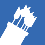 A white icon of an arrow on a blue background